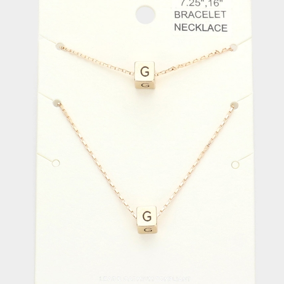 Gold Monogram "G" Cube Pendant Necklace Chain Set Bracelet Boxed Square Initial - Picture 1 of 2